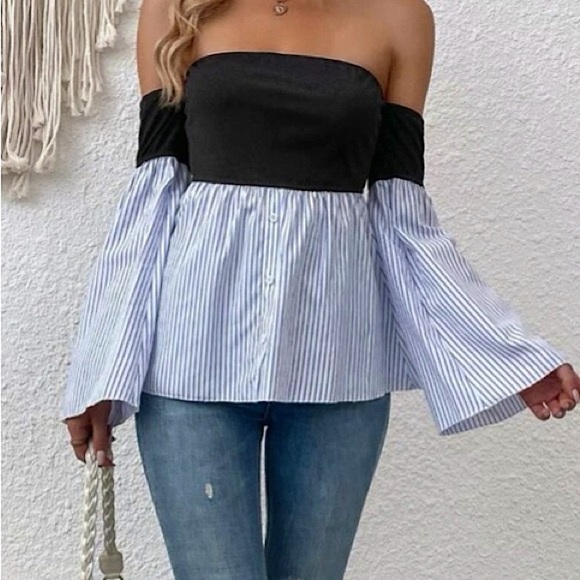 Off Shoulder Bell Sleeved Colorblock Top. - Picture 11 of 14